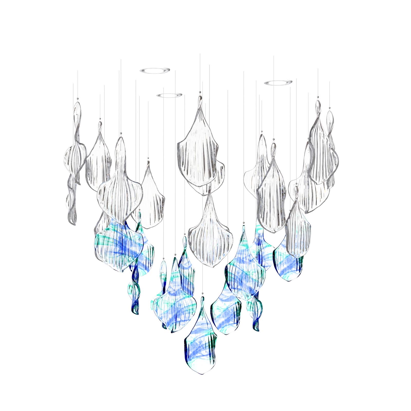 Color: crystal + ocean green + medium blue + optical pattern/crystal + optical pattern Diameter: 800 mm (31,50 in) Height: 740 mm (29,13 in) Weight: 9,5kg Light source: 3 x GU10