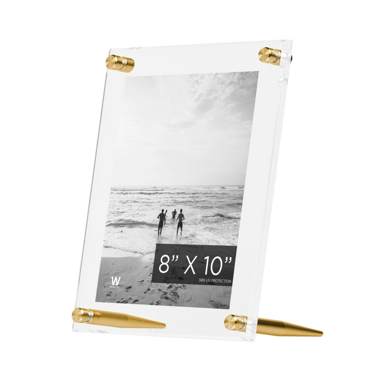 Stunning, Diamond polished bevel edge acrylic frame. Float photos up to 8x10" between 10"x12" panels. Stands vertically or horizontally.