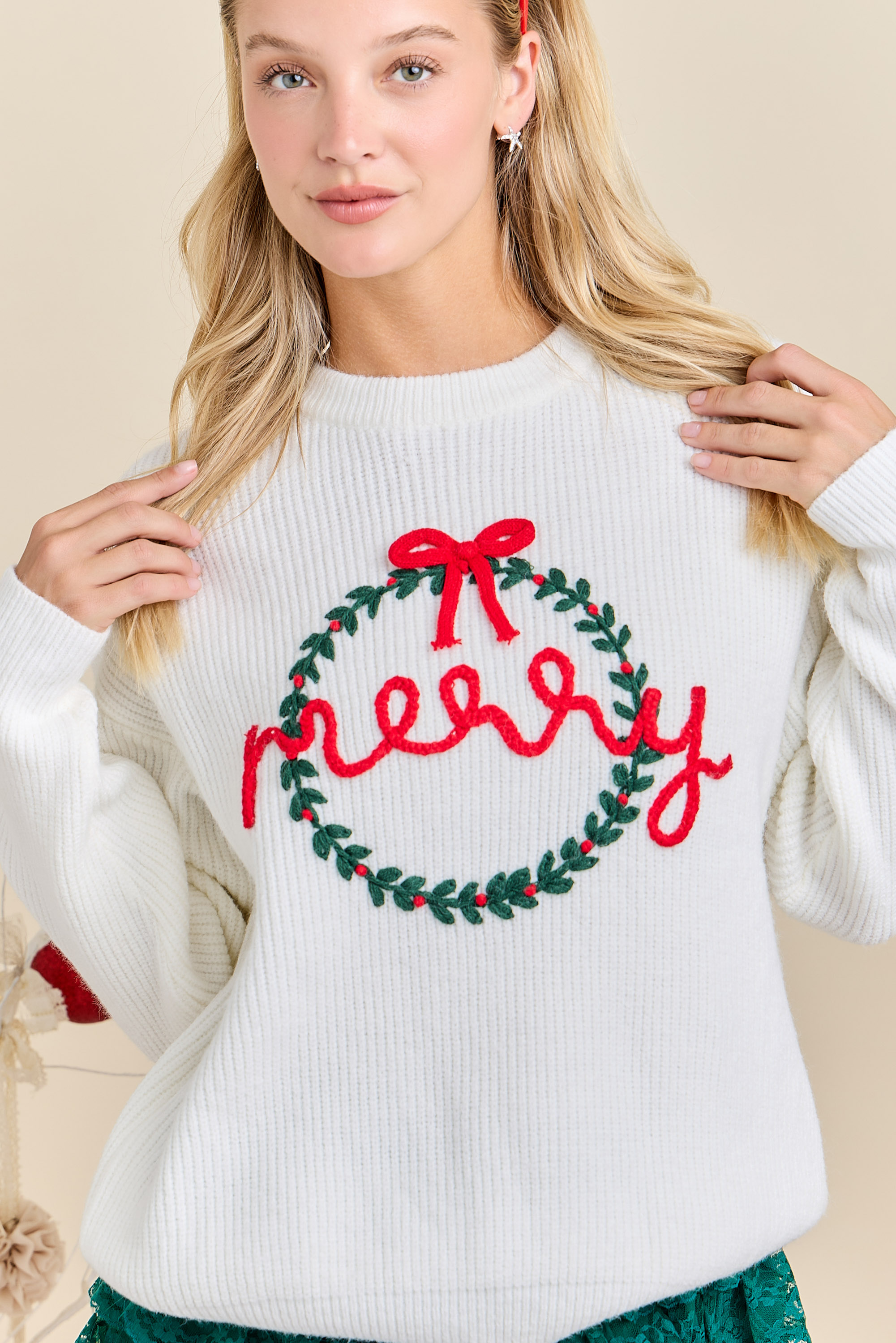 Merry Embroidered Christmas Wreath Sweater Top