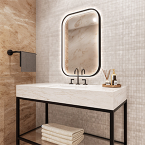 Eminence lighted mirror with 6” radius corners, perimeter inward-facing front-lit directional lighting and wall glow to provide superior clarity and the most vivid face illumination available.  