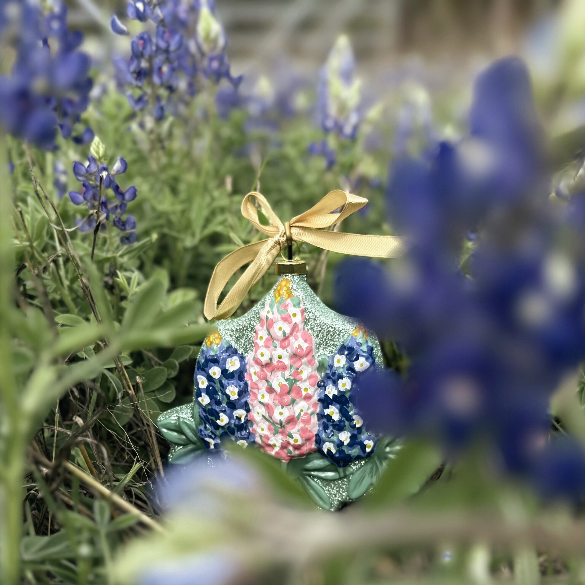 Bluebonnet ornament shot in bluebonnets