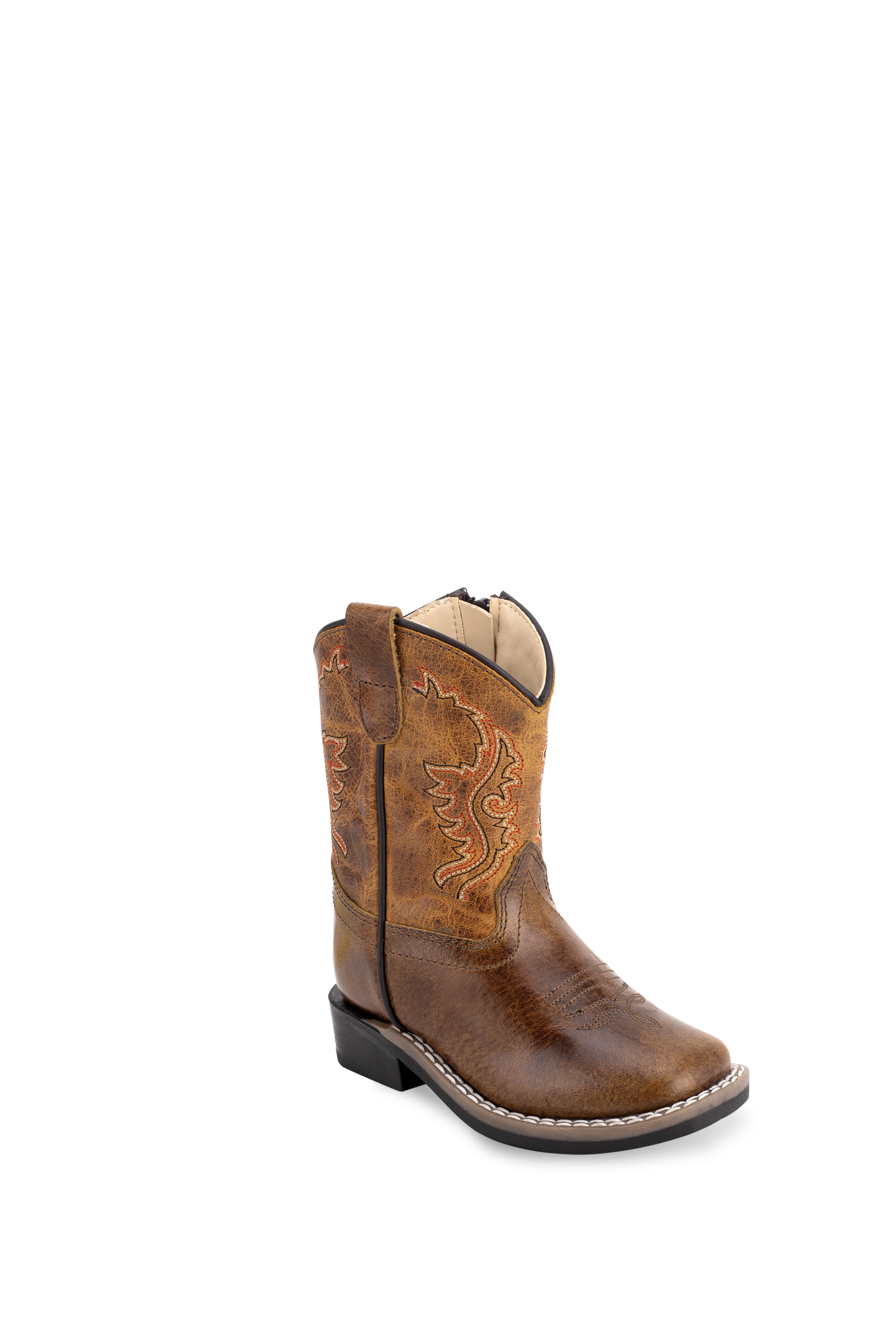 All over leather foot & shaft, 3 – row fancy stitch with medallion, natural welt, white double row welt stitch, with side zipper, broad square toe and TPR outsole. (Toddler's)