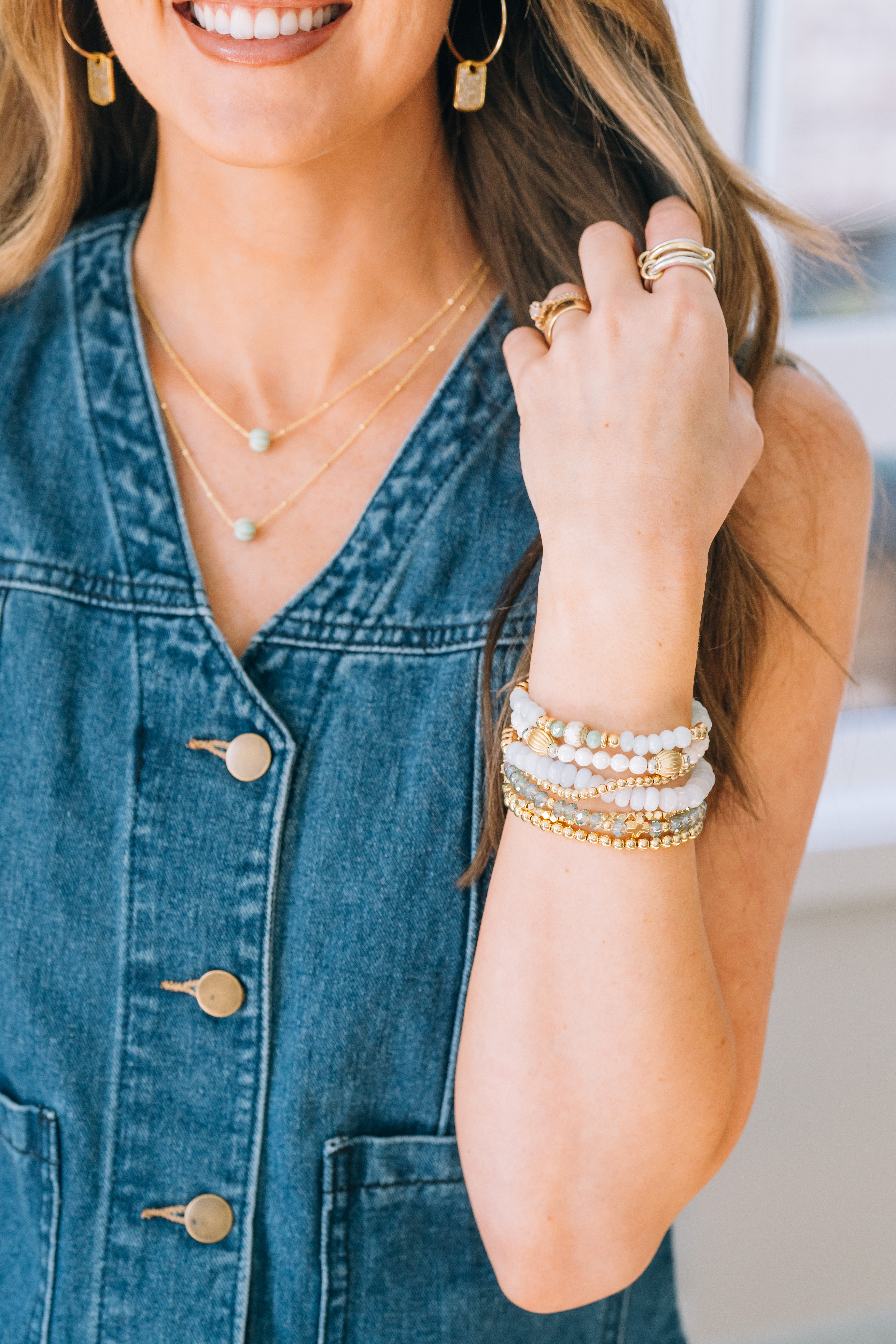 gemstone bracelet stack with aquamarine stone