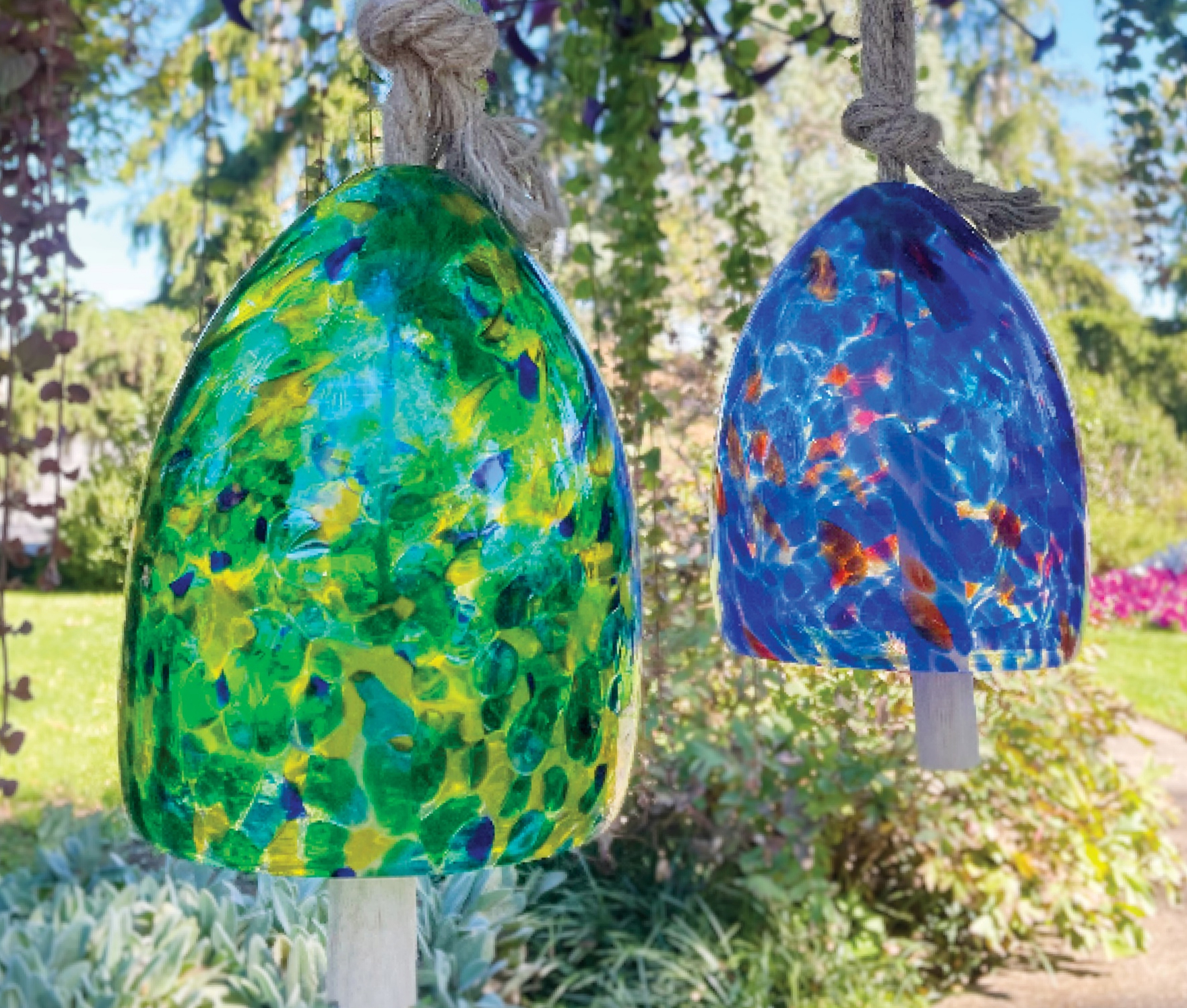 Hand made blown glass bells with rope and wood hanger