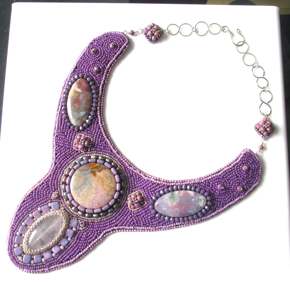One of a kind bead woven and bead embroidered necklace with gemstones, glass beads, sterling silver and Beadsong signature clasp.