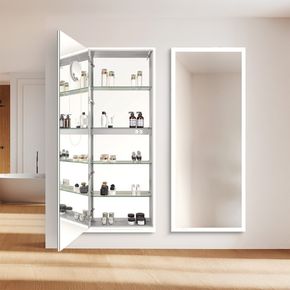 Features a premium LED lighting on the border of the cabinet, and compartment storage with 4 adjustable glass shelves – the perfect mirror for your bathroom, bedroom, or beauty room. 