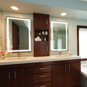 Integrity lighted mirror with one continuous line of light framing the interior of the mirror behind frosted glass with polished edge, specifically designed for bathroom application.