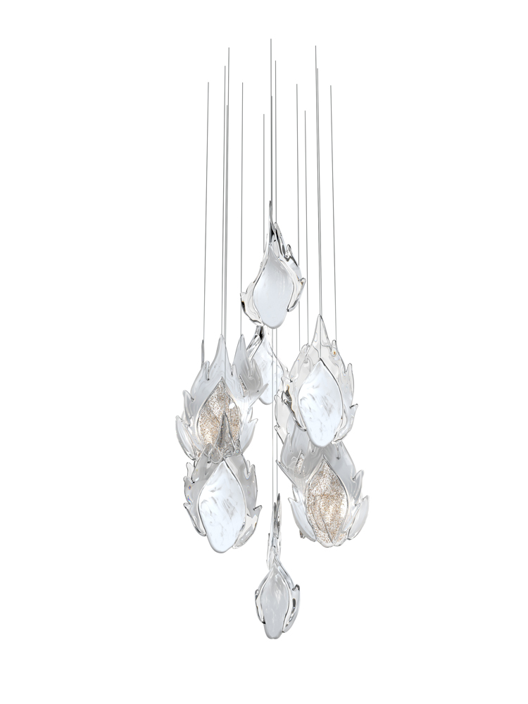 FLAME 2 Colour: crystal opal mist + crystal/crystal with golden mica + opal mist Diameter: 360 mm (14,17 in) Height: 700 mm (27,56 in) Weight: 9,5 Kg Light source: 2 x G9