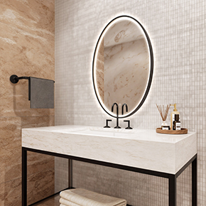 Brilliance round lighted mirror with perimeter inward-facing front-lit directional lighting and wall glow lighting to provide superior clarity and the most vivid face illumination available. 
