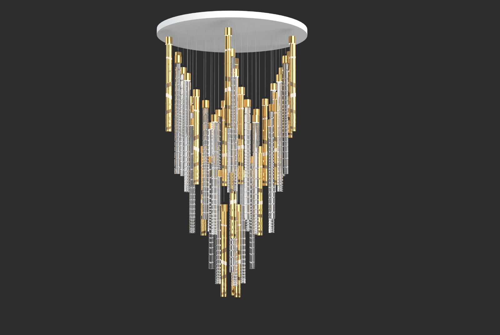 Color: crystal/sandblasted gold coating Diameter: 480 mm (18,90 in) Height: 840 mm (33,07 in) Weight: 8,5 Kg Light source: 15 x LED chip