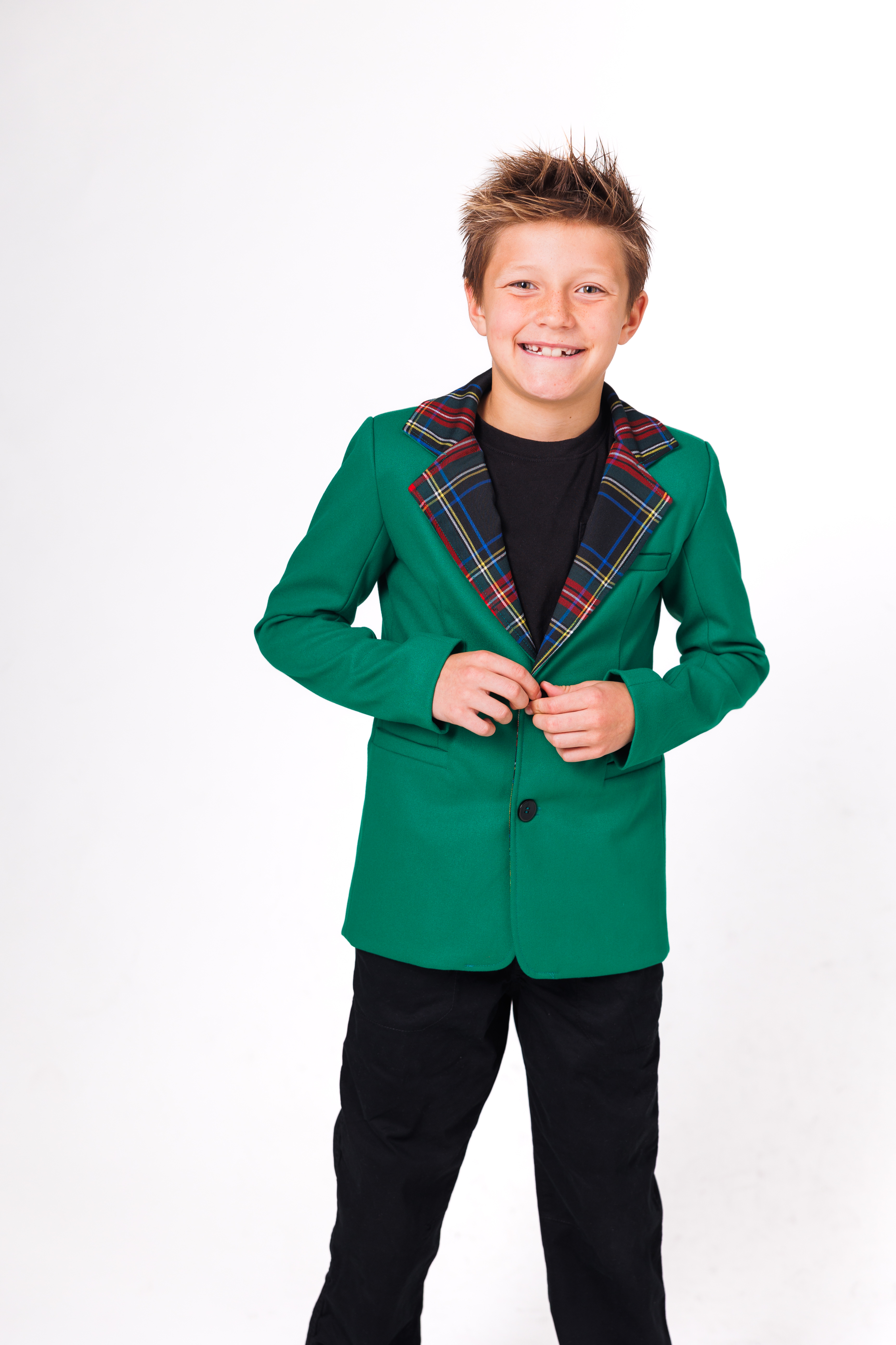 Green blazer with plaid lapels.