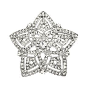 Sparkling silver metal finished star-shaped brooch, encrusted with hundreds of hand-set pavé clear European crystals.