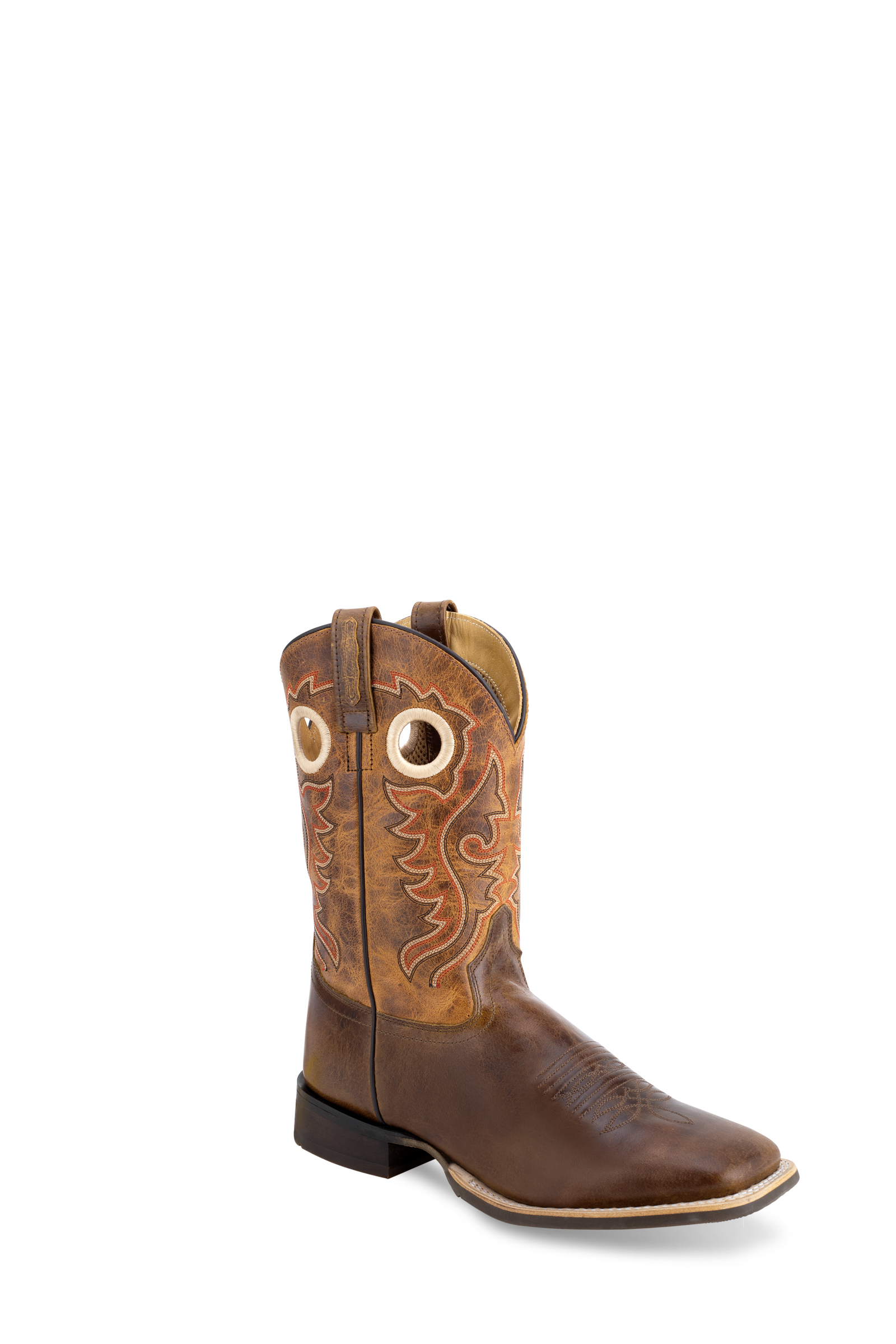 All over leather foot & 9" shaft, manmade lined, 6 – row fancy stitch, white double row welt stitch, cushion leather insole, broad square toe and rubber outsole.