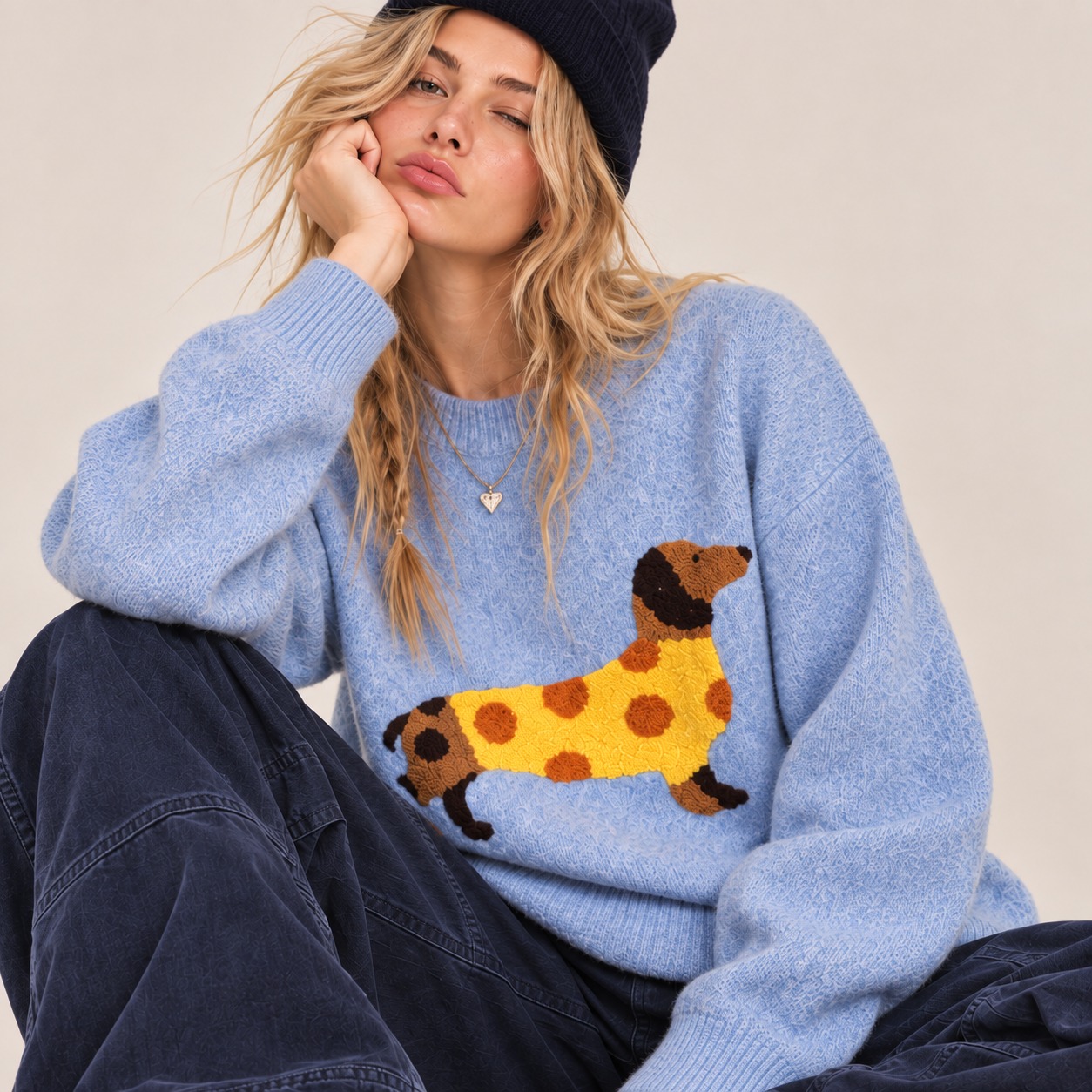 Textured dachshund graphic sweater with crew neck, drop shoulders & long sleeves. Soft knit with ribbed trim and a cozy, relaxed fit for a playful everyday look.  PACK: S/M-L/XL (3-3) | 1X/2X (6)