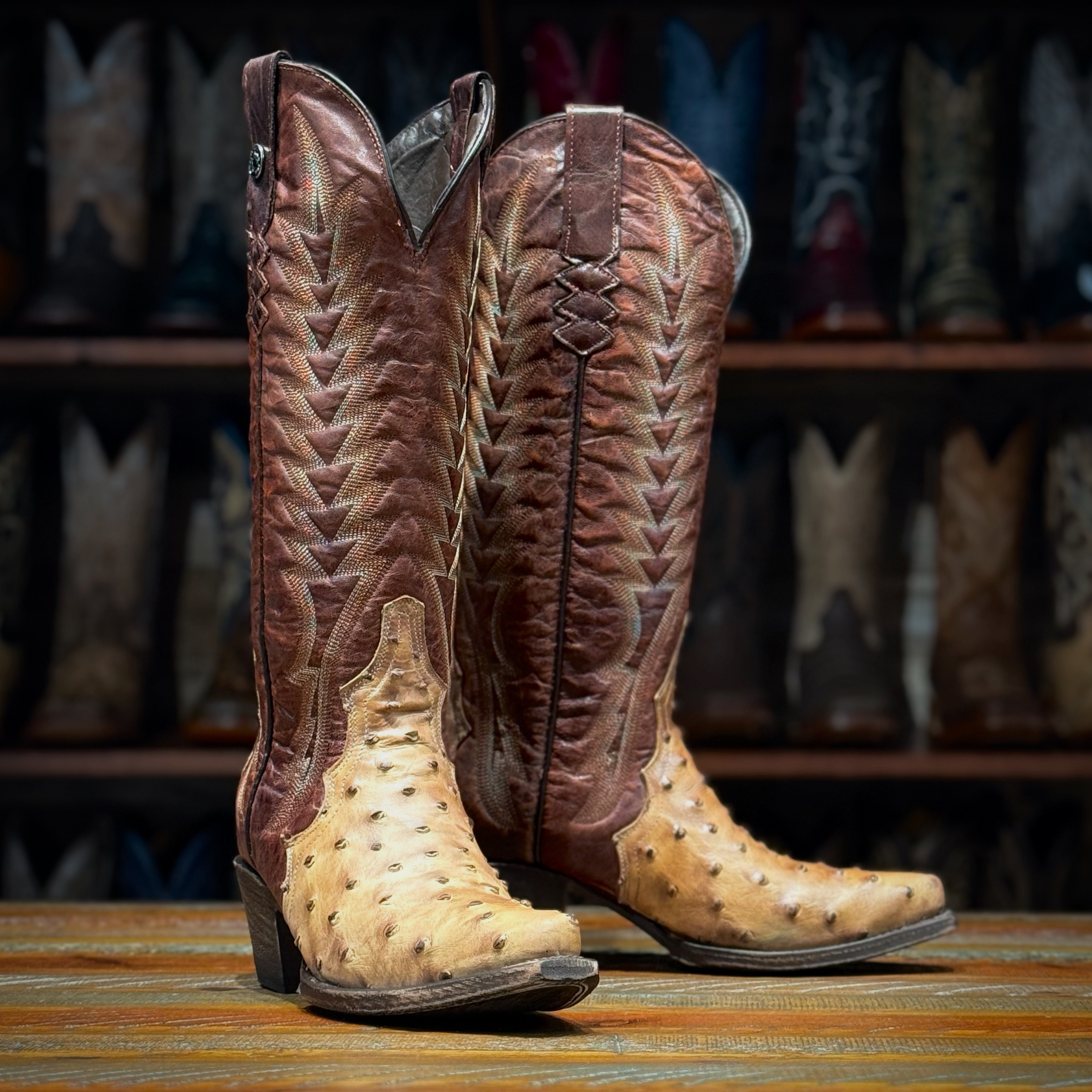 Women's Imitation Ostrich in Antique Saddle Snip Toe