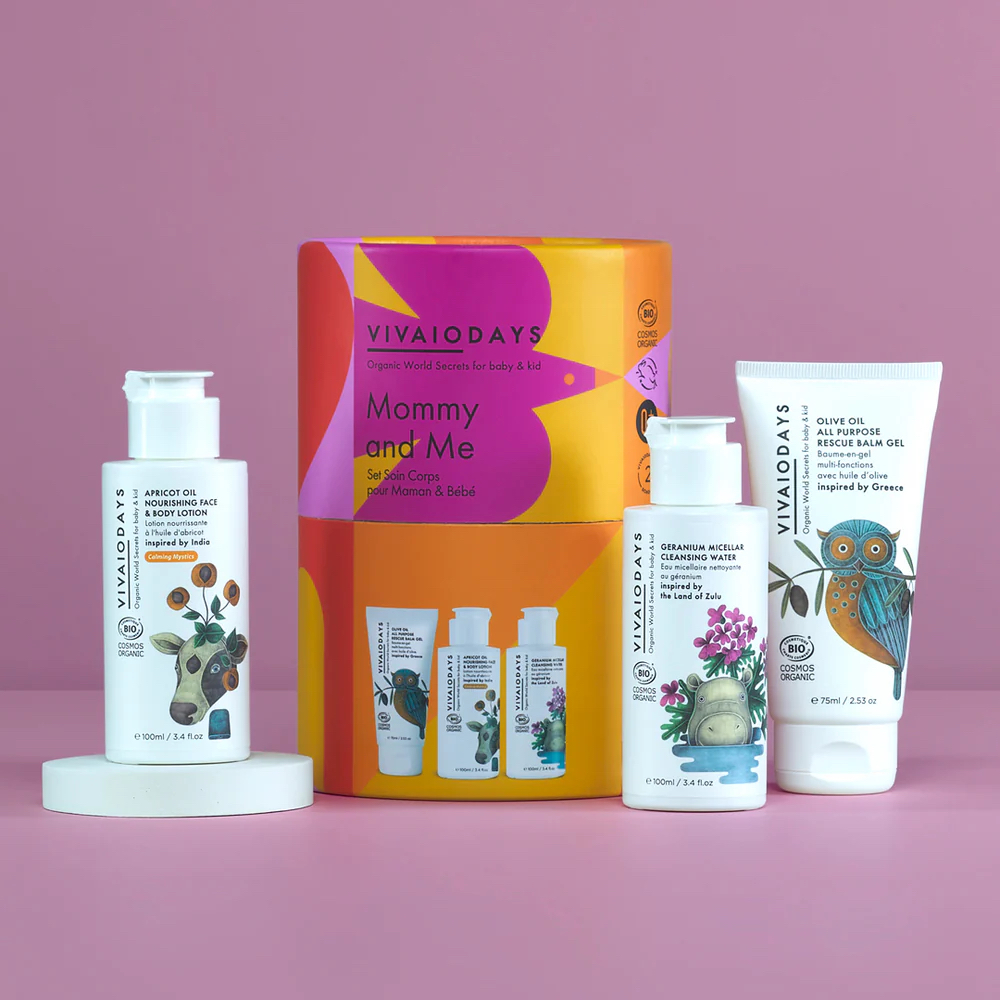 Shelf-ready organic care set featuring lotion, micellar cleansing water, and rescue balm. Sensitive-skin focused, giftable, and ideal for mom/baby, beauty, and specialty retail.