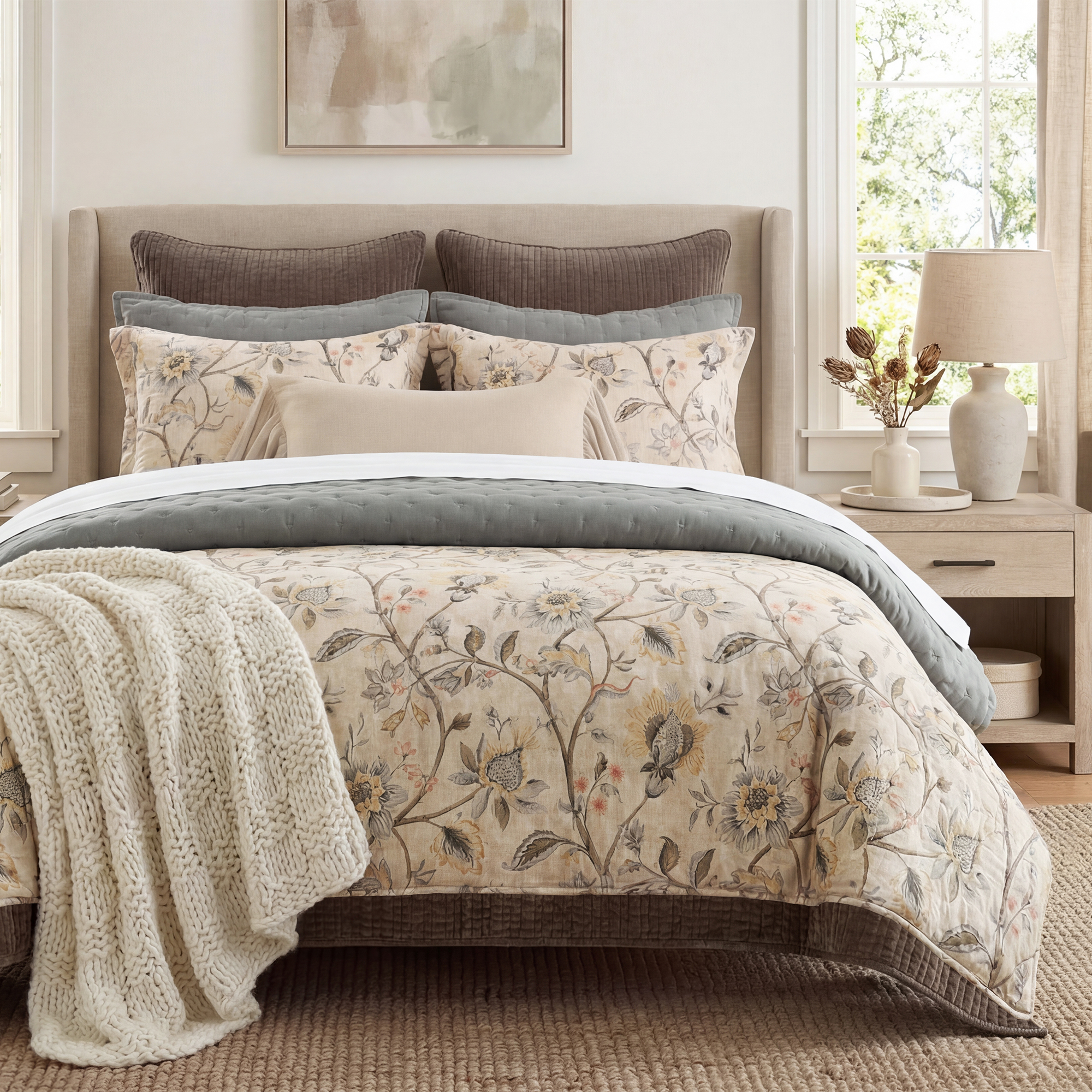 Washed linen bedding with soft floral patterning and a relaxed texture. Breathable, lightweight construction offers effortless comfort and natural drape.
