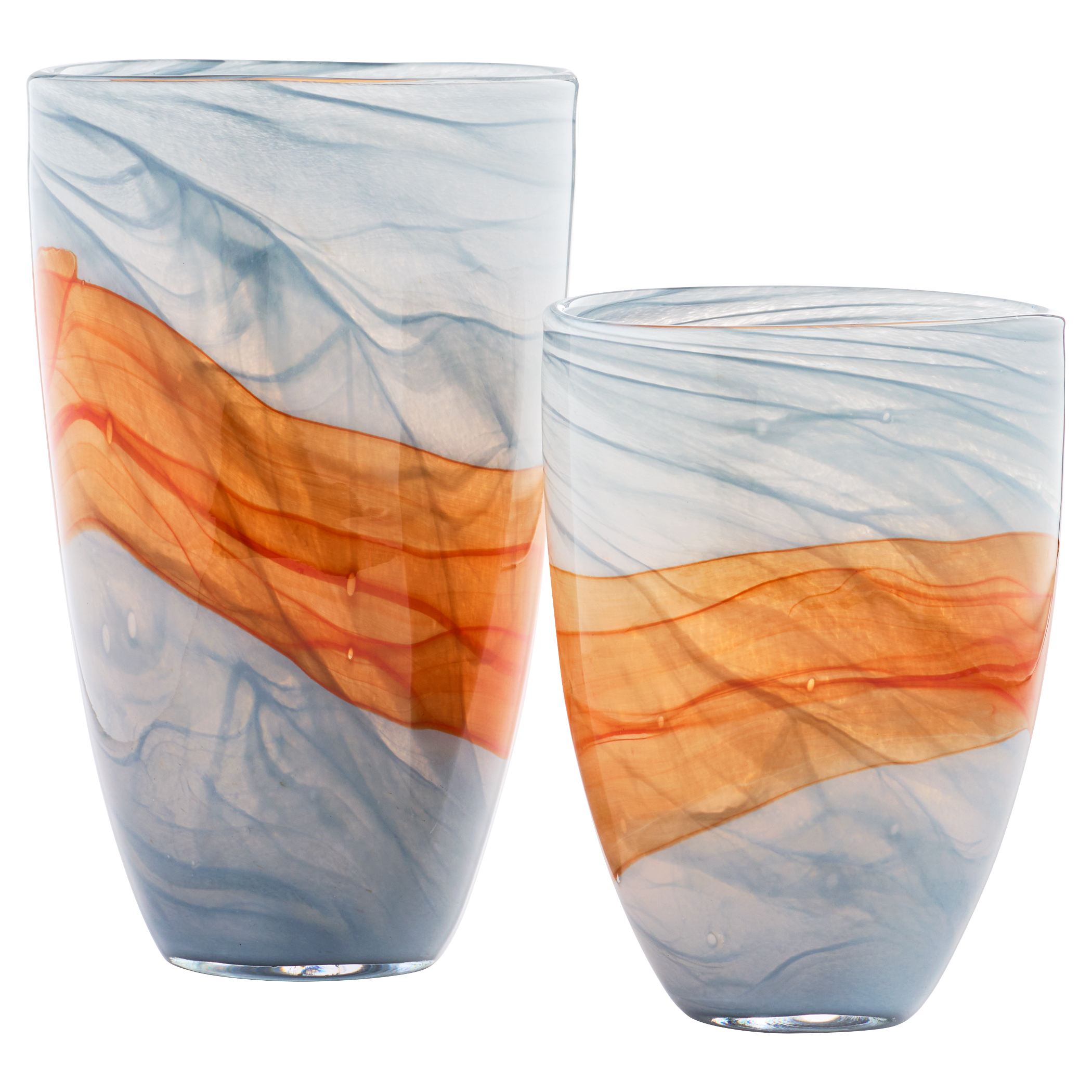 Dark grey lines trace their way across the surface of the Pacaya vases, while molten orange is layered onto the light grey glass base. 