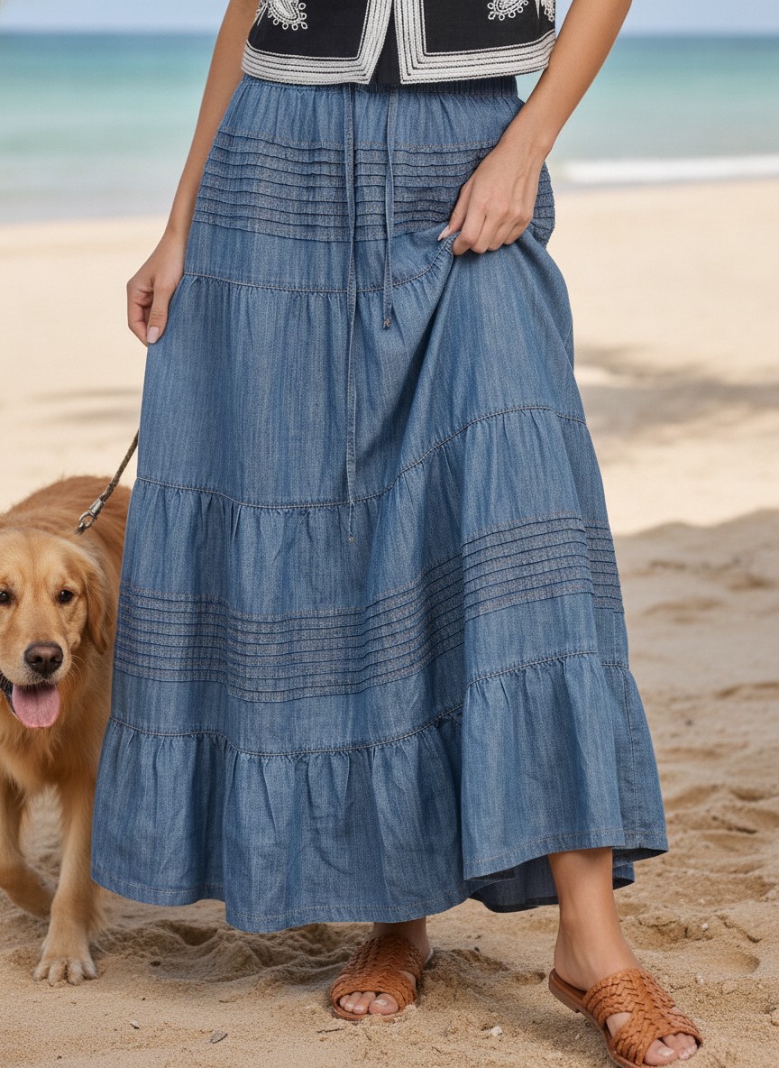 pleating and subtle ruffles  denim maxi skirt.
