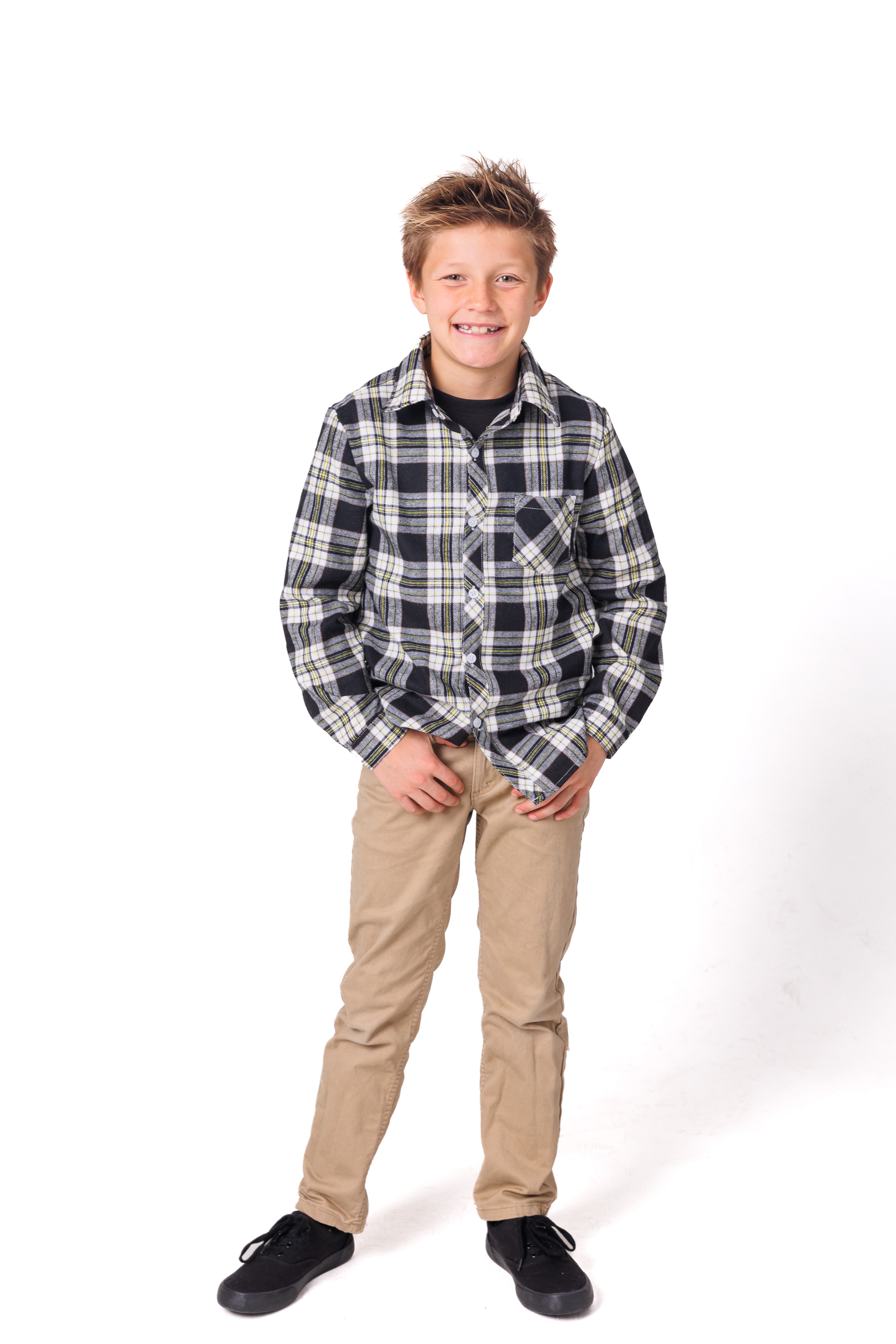 Yellow and black plaid flannel shirt.