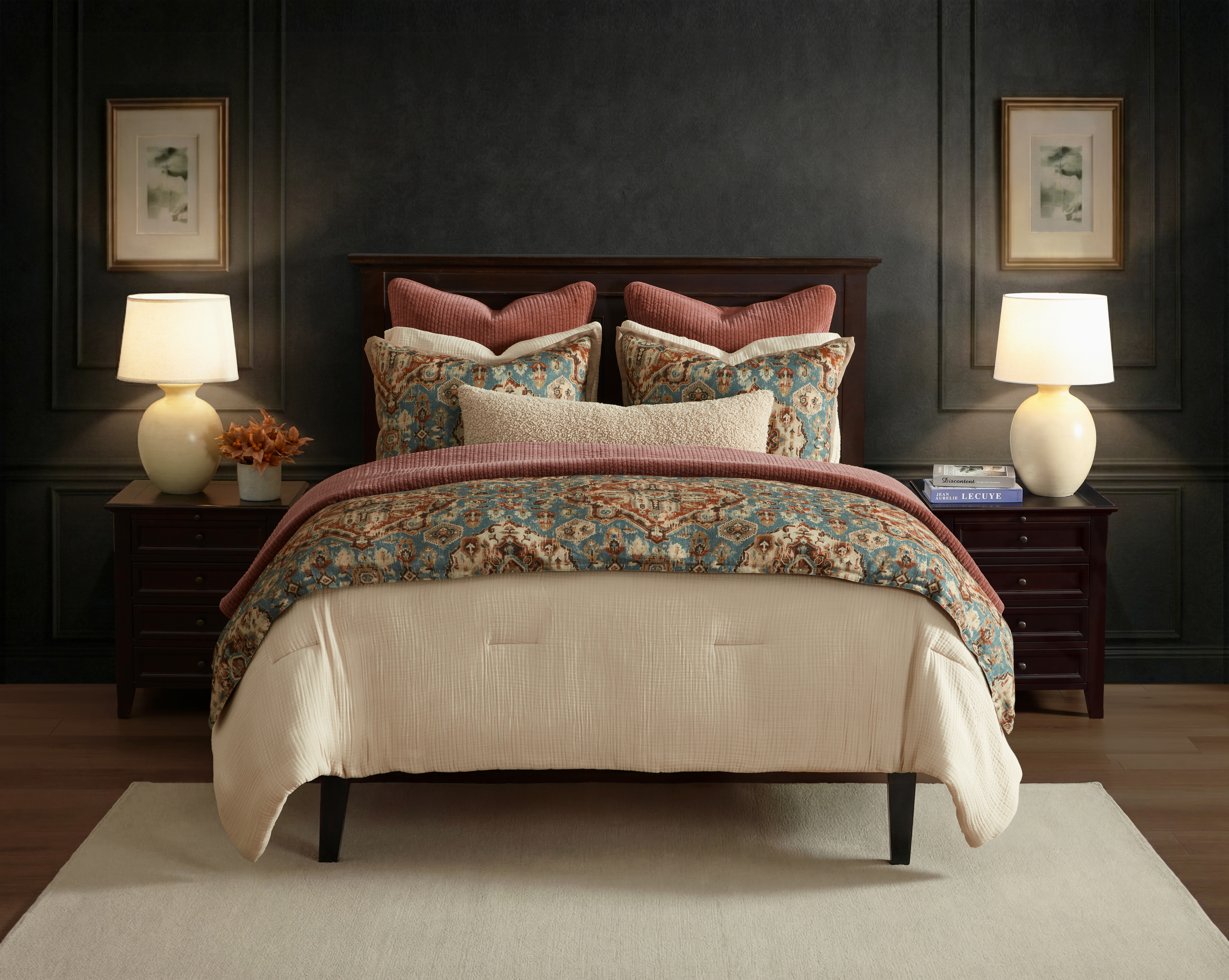 Teal-hued kilim-inspired patterns on soft washed linen bring global texture and serene color to your bedroom, offering breathable, all-season comfort with artisan style.