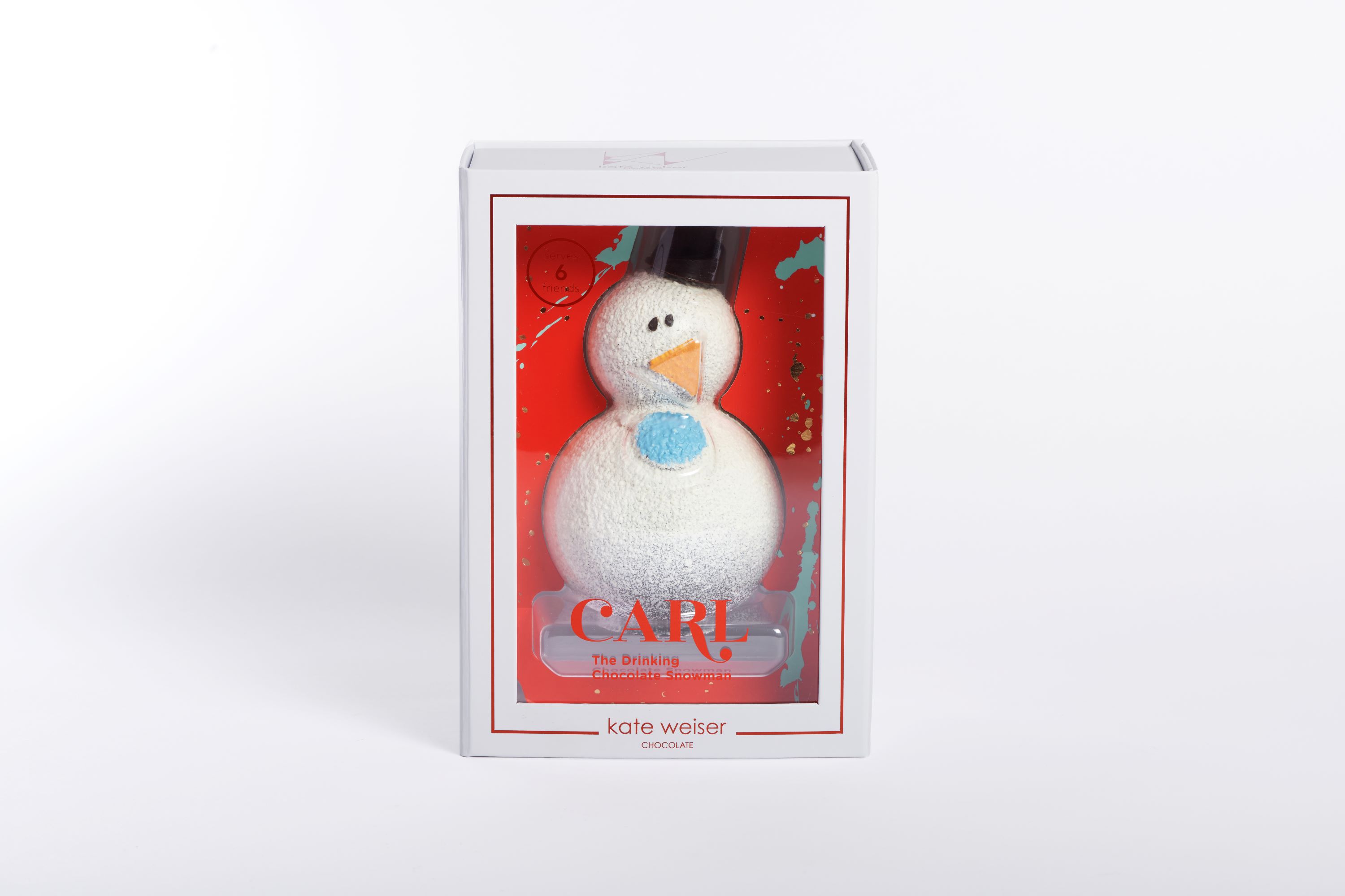 Carl the Snowman is a dark chocolate hollow figure filled with hot cocoa mix and mini marshmallows