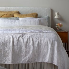 A square quilt pattern graces silk-linen charmeuse in our newest fabric collection, Sel.
