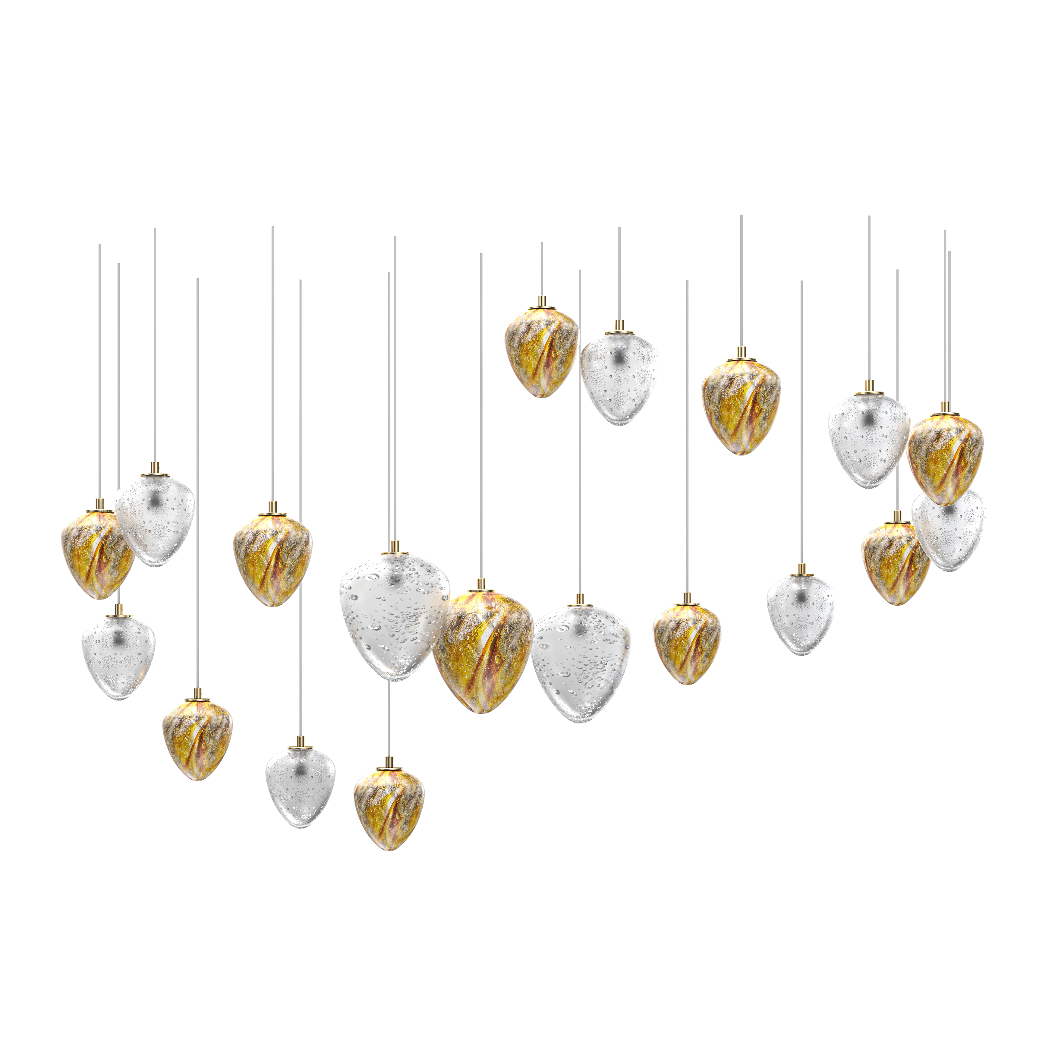 AMULET 9  Color: matt crystal + soda/crystal  + amber + neutral grey  Length: 1500 mm (59,06 in)  Width: 700 mm (27,56 in)  Height: 910 mm (35,83 in)  Weight: 29 kg  Light source: 10 x G9