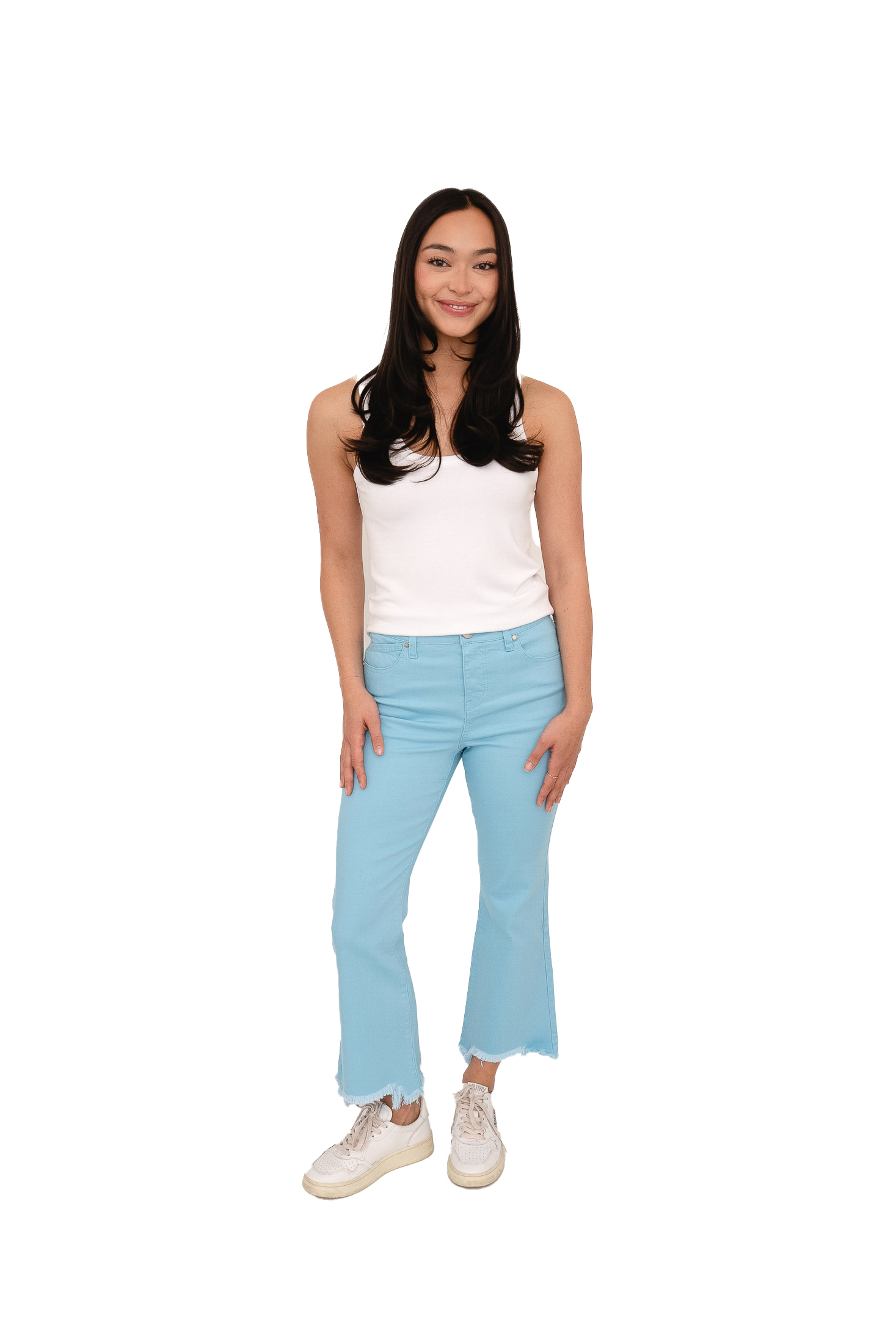 Our BEST-SELLING style will now be available in always in style, calming, pretty, OCEAN BREEZE. This demi bootcut is casual yet bold with its sharkbite frayed hem.