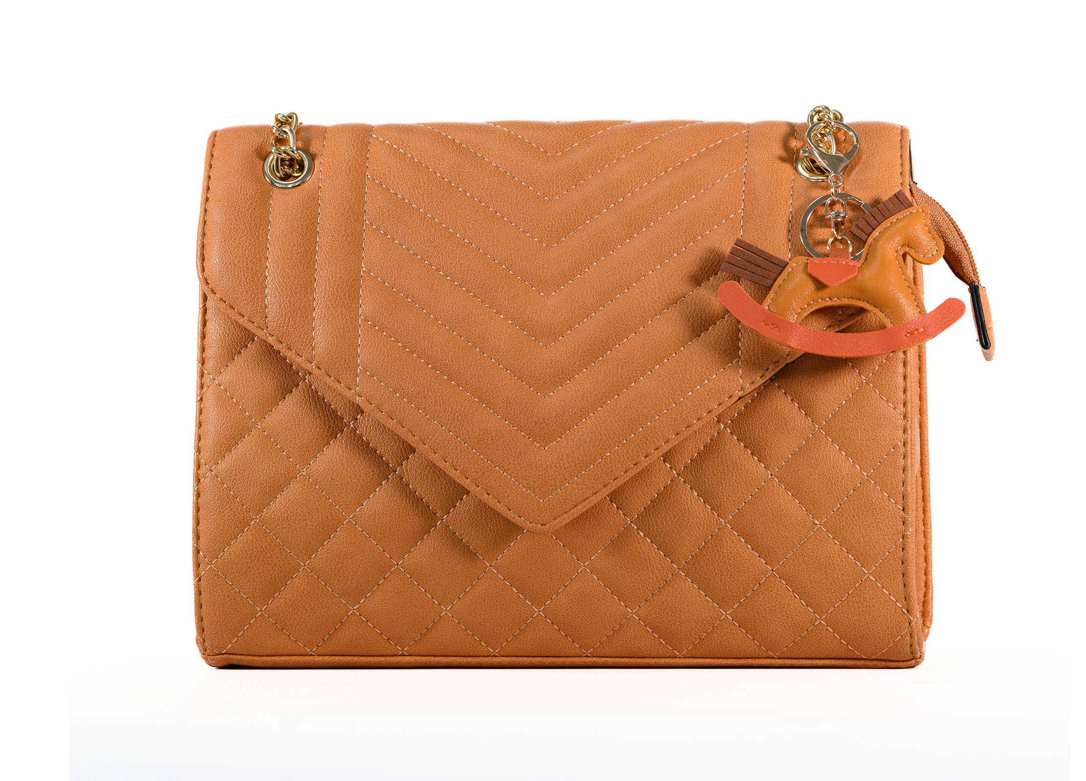 Timmy Woods Beverly Hills – Quilted Tan Envelope Crossbody Bag with Matching Wallet & Vegan Leather Rocking Horse Keychain
