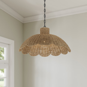 Scalloped edges and natural rattan are the hallmark of the whimsical Maura Collection of pendant and flush mount lighting. 