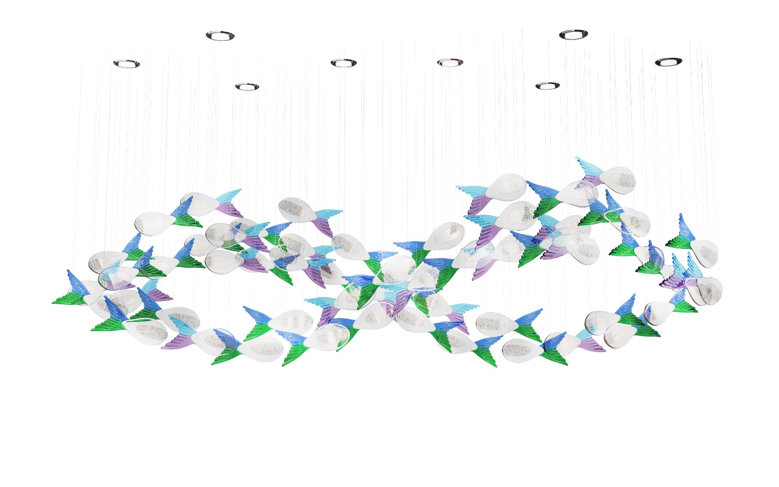 Oversized Ceiling Crystal Installation by Handcrafted Pieces in the fish form available in sizes and colors