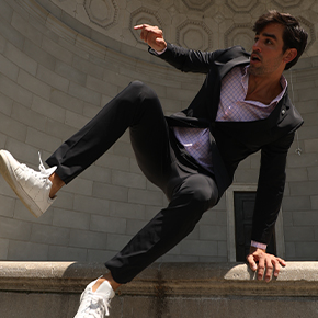 Odyssey Performance Travel Suit with 4-way stretch, flexes in all directions for max comfort.
